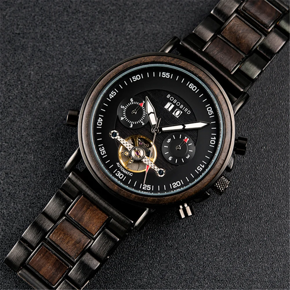 

Men Top Watch BOBO BIRD Wooden Automatic Mechanical Wristwatch Luxury Fashion Auto Date Chronograph Luminous Hands relogio Gift