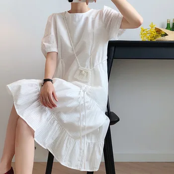 

2020 New Women O-Neck Pure Color White Boho Midi Dress Puff Sleeve Ladies Summer Cotton Dress Bohemian Vestidos