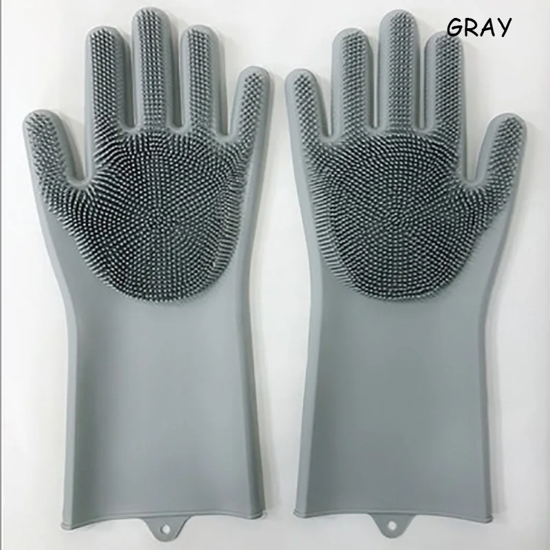 Gray Перчатки для мытья посуды щетка силикагель варежки утолщенные перчатки водонепроницаемые Волшебные кухонные принадлежности бытовые теплоизоляционные перчатки 1 пара - Цвет: Gray