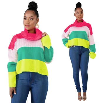 

Women's Fashion Color Block Woven Turtleneck Sweater