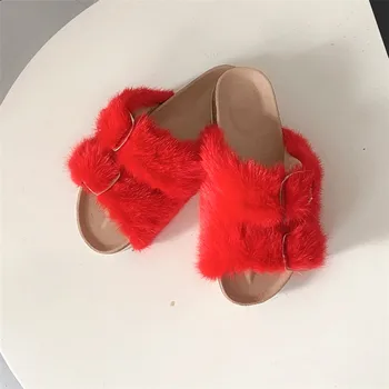 

Fashion Ladies Double-Breasted Slippers Selected High-Quality Mink Slippers Flat Casual Slippers Simple And Versatile