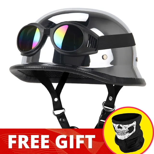 Motorcycle Helmet German Leather Vintage Casco Moto Motorcycle Open Face Retro Half Helmet Chopper Biker Pilot DOT Size S-XXL 307-Silver-Glass 01