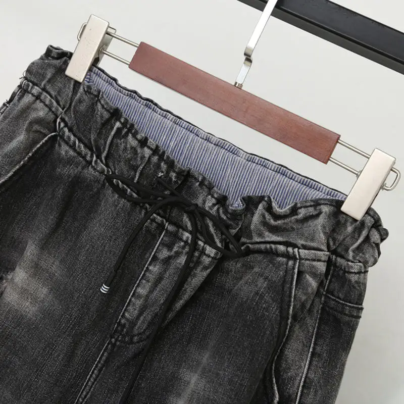 Уличная одежда размера плюс 5XL, рваные женские джинсы с дырками, эластичные свободные черные джинсы с высокой талией, джинсовые штаны-шаровары, женские джинсы C5371