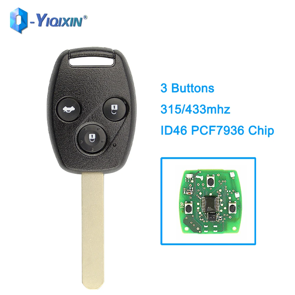 YIQIXIN 3 Buttons 315/433mhz Remote Car Key For Honda Civic CRV Pilot Insight Jazz HRV ID46 PCF7936 Chip 2003 2008 2009 Accord