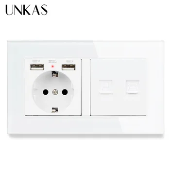

UNKAS Crystal Tempered Panel EU Standard Wall Socket with 2 USB Charge Port + Telephone Connector and RJ45 Internet Jack