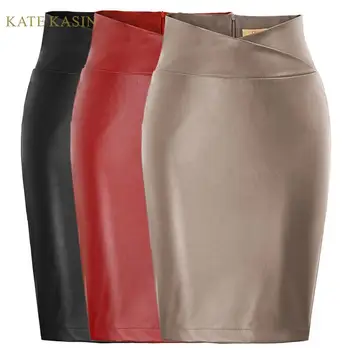

Kate Kasin Women Vinatge Faux Leather Pencil Skirt Wrap Waist Slim Fit Midi Bodycon Party Work Skirt Sexy Solid PU Leather Skirt