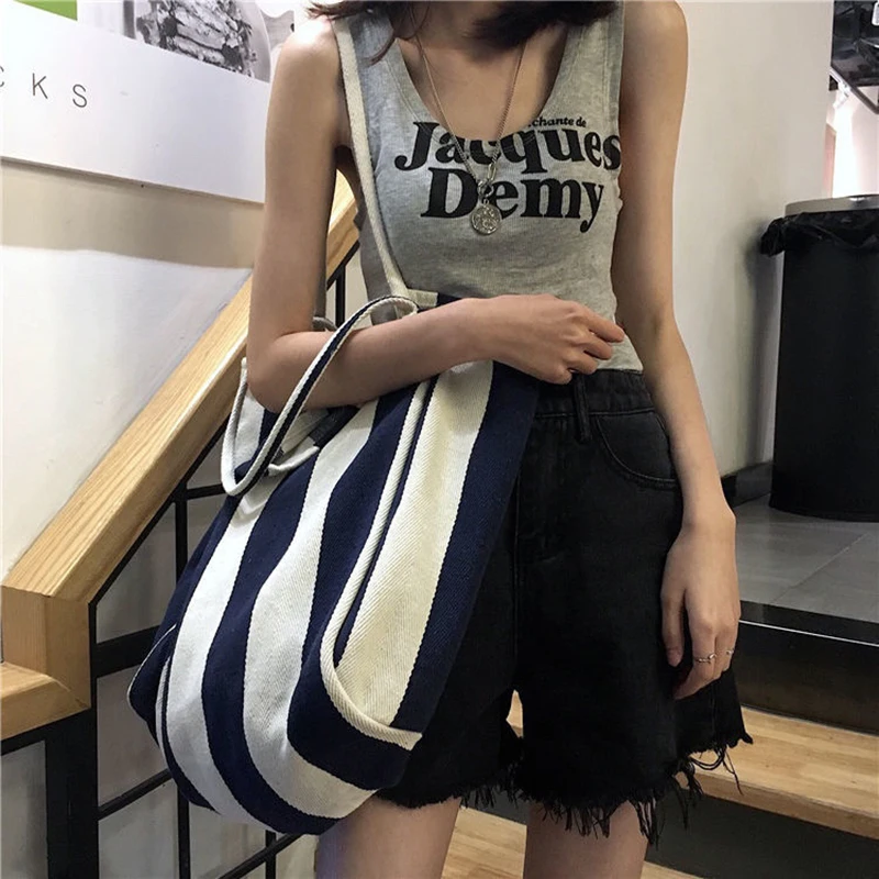 Women Canvas Shopping Bags Large Capacity Grocery Bag Shoulder Bags Handbag Tote Bag Casual Ladies Striped Shoulder Bag card wallet