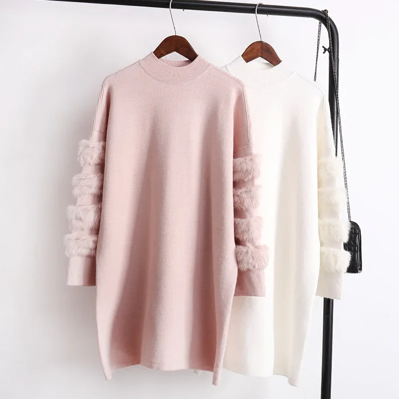

Mooirue Women Kitting Sweater Loose Casual Plush Stitching O Neck Long Sleeve Long Pullovers Solid Harajuku Korean Style Tops