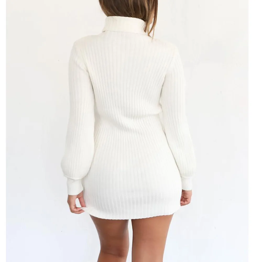 Womens Knitted Sweater dress Turtleneck Autumn Winter warm Casual Long Sleeve finess Jumper mini Dress for female robe femme new