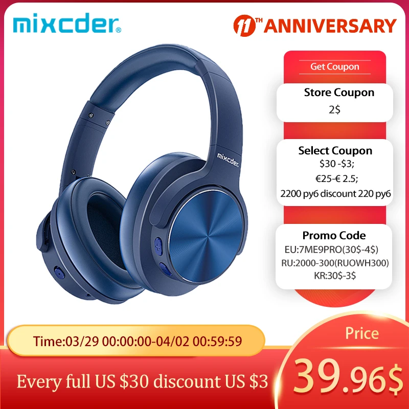 Mixcder E9 PRO aptX LL Headphones Wireless Bluetooth Active Noise Cancelling Headphone USB Fast Charging with MIC Blue Headsets