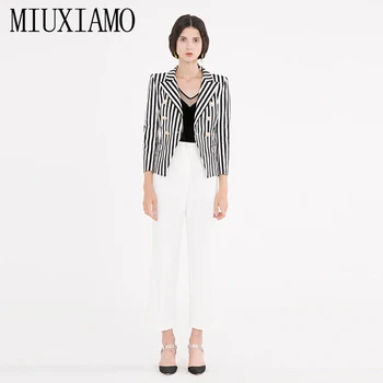 

MIUXIMAO TOP QUALITY 2019 Newest Fall Winter Runway Double-breasted Jacket Women's stripe Blazer Overcoat Women vestidos