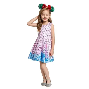 

MUABABY Scale Printed Summer Dress Girls Sleeveless Colorful Mermaid Swing Flared Casual Clothes Children Princess Party Dress