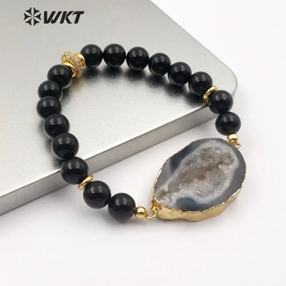 Фото WT-B492 жарко! Натуральный белый браслет из черных жемчужин geode каменные бусины с золотой отделкой бохо стиль женский браслет ювелирные изделия №1