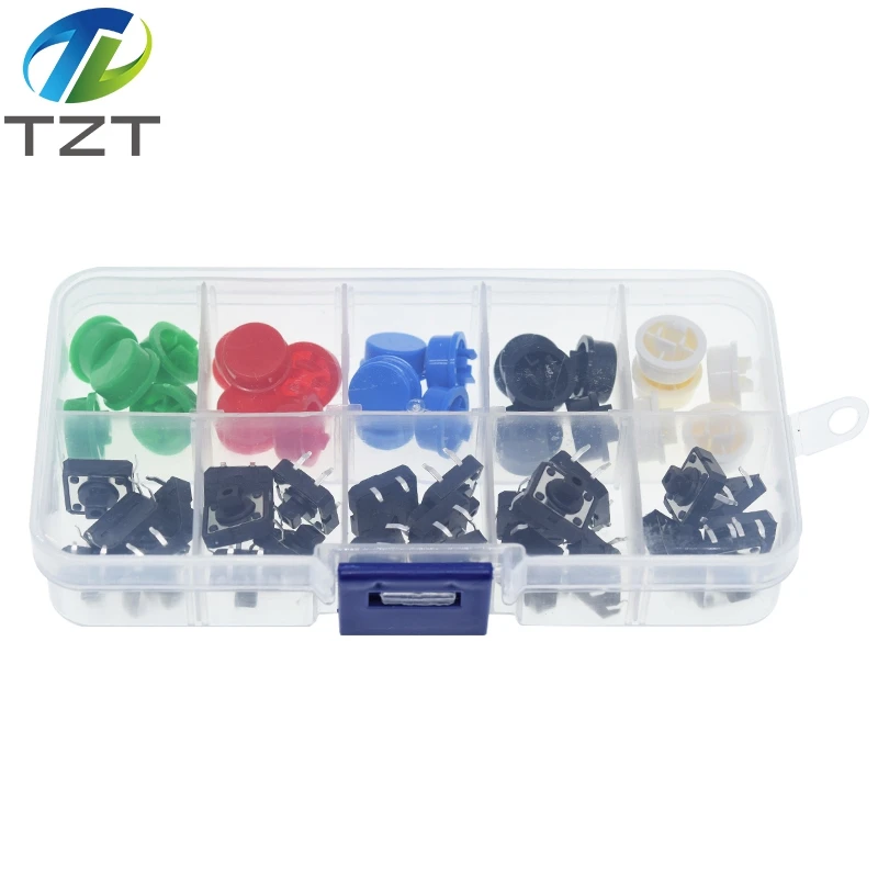 Tactile Push Button Switch 25PCS Tactile Push Button Switch Momentary 12*12*7.3MM Micro switch button + 25PCS Tact Cap(5 colors) For Arduino with Case