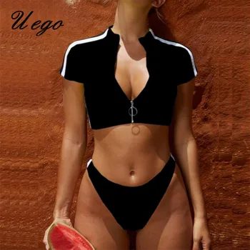 

Uego Mujer Biquini High Waist Women Swimwear Swimsuit Sexy Thong Bikini Set Zipper Lady Push Up Beachwear Swimsuit Bathing Suit