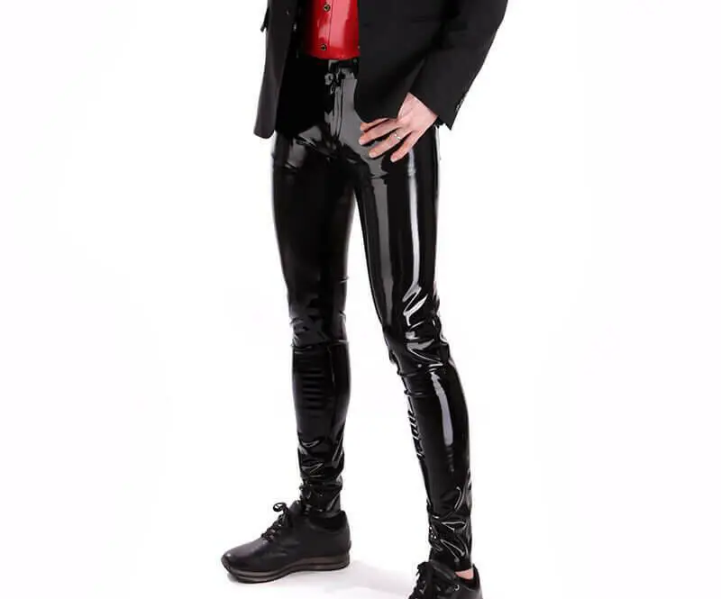 Black Latex Gummi Rubber Men's Jeans Pants Slim 4 Pockets with Front Zip