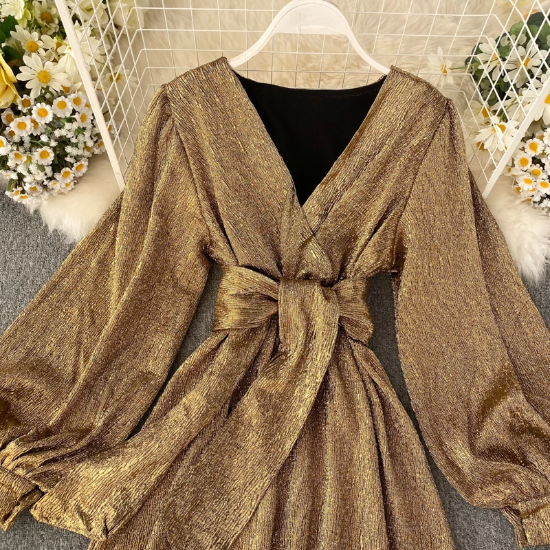 LANMREM осеннее и зимнее новое платье с v-образным вырезом и рукавами-фонариками Золотое яркое шелковое платье с поясом в стиле ретро 19B-a122