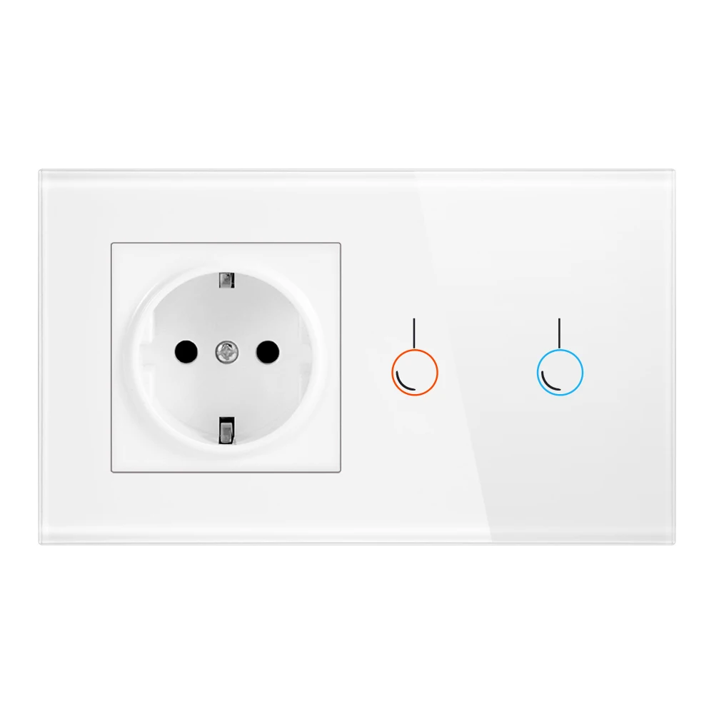 EU standard Touch Switch, White Crystal Glass Panel, AC 170~250V 16A Wall Socket with Light Switch,1 Gang 1 way