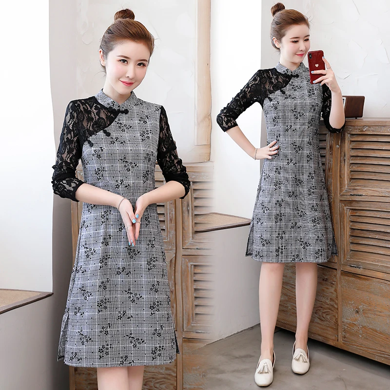 Улучшенное кружевное платье с вышивкой cheongsam женское платье в китайском стиле с длинным рукавом воротник-стойка qipao вечернее платье aodai