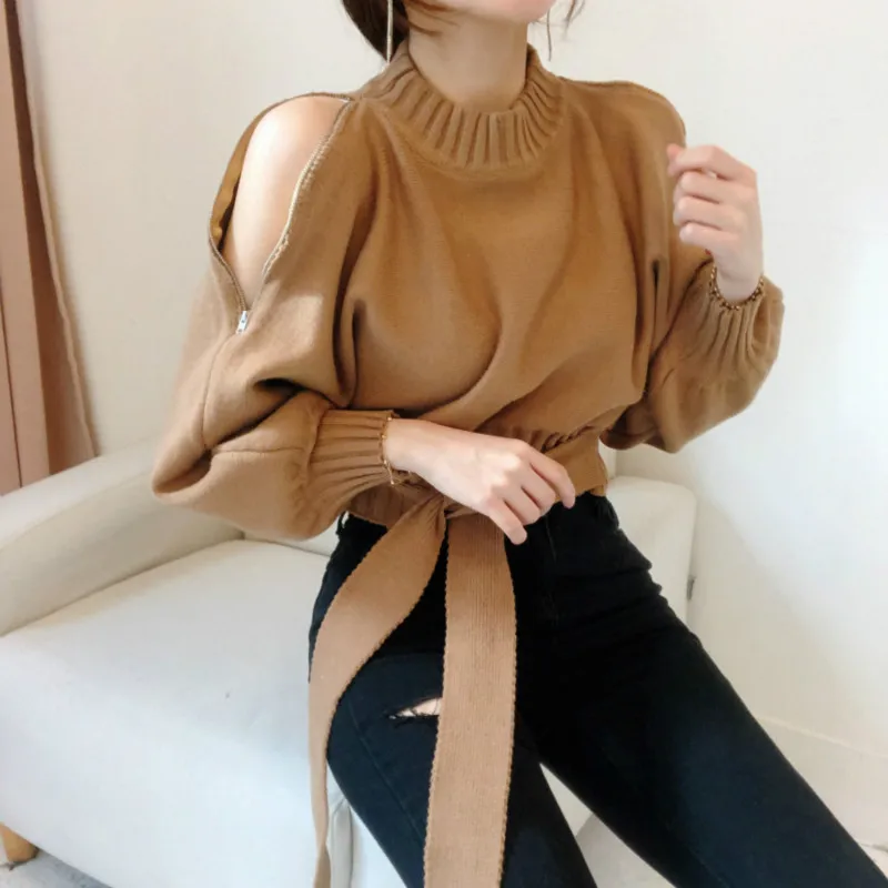 Zipper short ribbon long sleeve off shoulder Pullover Zipper short ribbon long sleeve off shoulder Pullover