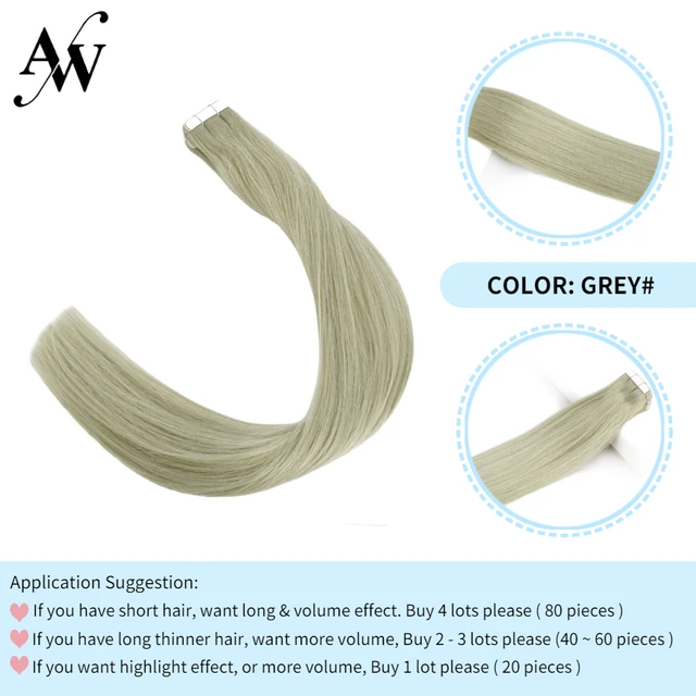 AW 12''-28'' Tape In Human Hair Extensions Straight Seamless Invisible Natural Machine Made Remy Adhesive Glue On Hair Extension Grey