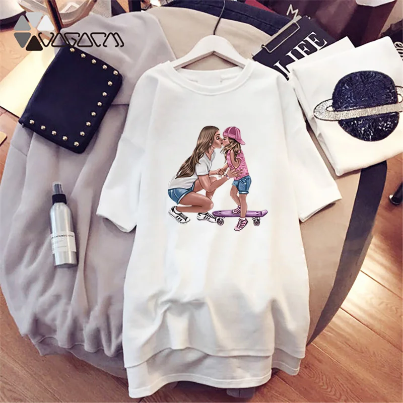 2021 Women Cartoon Print Dresses Mom and Kids Short Sleeve Mini Dress Loose Straight T-Shirt Robe Femme Casual Vestidos Kawaii