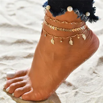 

LETAPI Bohemian Crystal Leaves Anklet Set Fashion Handmade Ankle Bracelet for Women Summer Foot Chain Beach Barefoot Jewelry