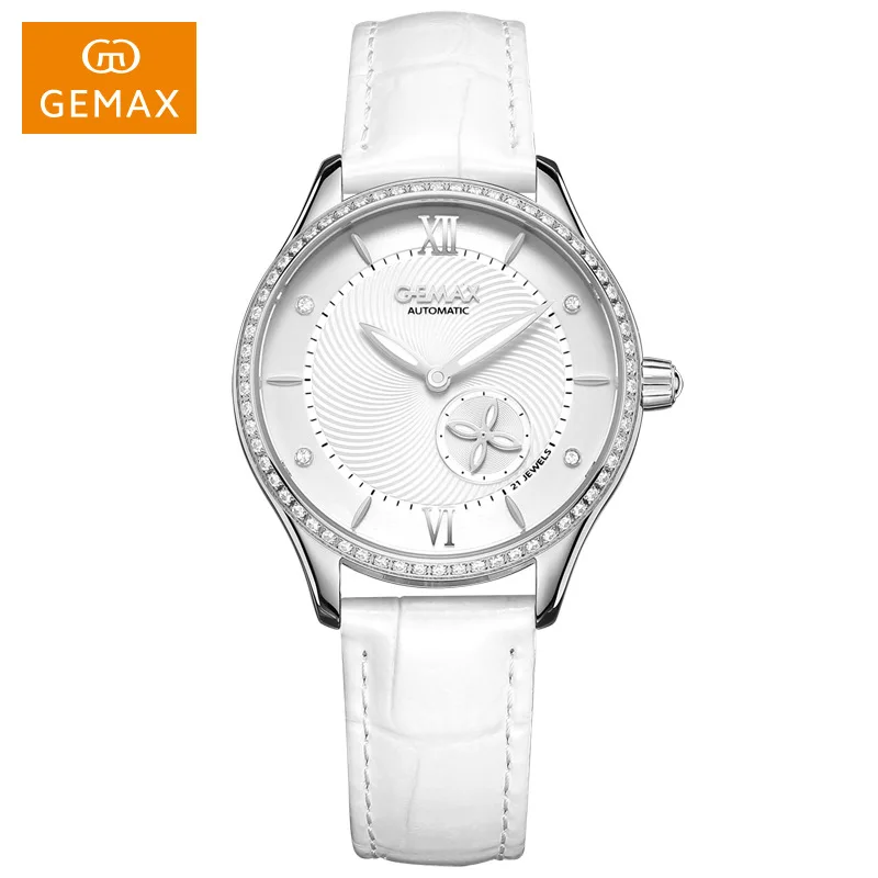 White Роскошные женские часы GEMAX MX2205, женские часы со светящимися стрелками MIYOTA, автоматические женские часы из воловьей кожи с сапфировым ремешком - Цвет: White