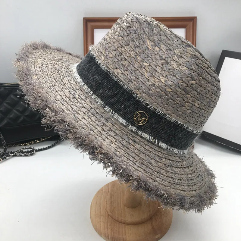 

Sir Vacation seaside lafite grass hat sun hat foldable eaves beach cap gray