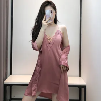 

Women Robe Set Sexy Lace Homewear Casual Slepwear Deep V-Neck Female Nightwear Printing Silk Bathrobe Ladies Soft Nightgowns