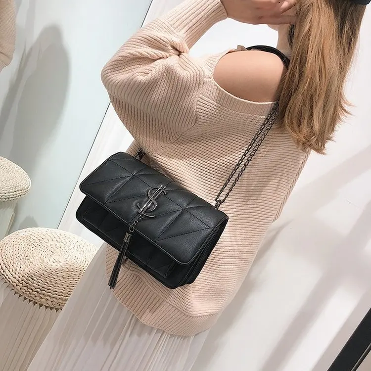 

Bag Women's 2019 New Style Korean-style Embroidery Line Square Sling Bag Fashion Tassels Shoulder Graceful Versatile Shoulder Ro
