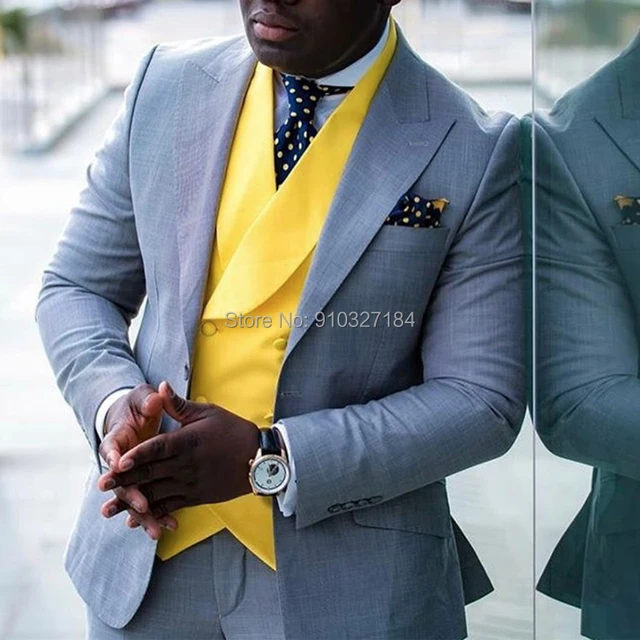 Costume Gris Pour Homme 3 Pieces Coupe Cintree Avec Gilet Jaune Smoking De Mariage Pour Hommes Africains Mode Costume Veste Pantalon Aliexpress