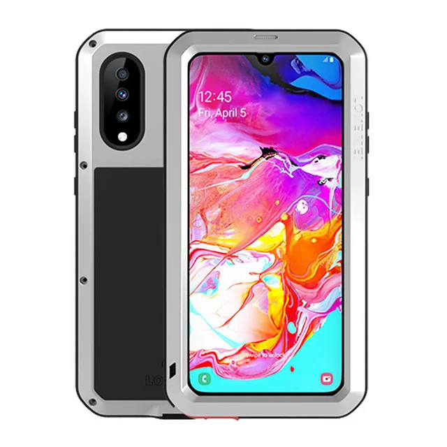 Чехол LOVE MEI для samsung Galaxy A70, сверхмощный ударопрочный Пылезащитный Водонепроницаемый металлический резервуар Броня чехол с закаленным GlassCase - Цвет: Серебристый