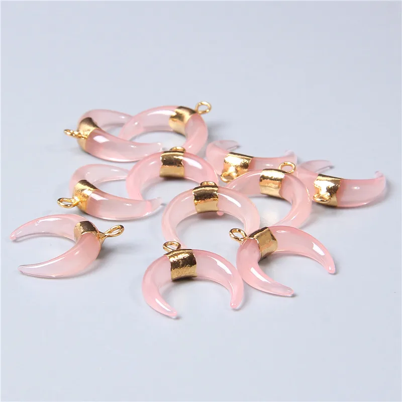 2pcs Pink rose crystal quartz stone cz Moon Horns Charms pendant For women Jewelry Making necklace Accessories wholesale | Украшения и