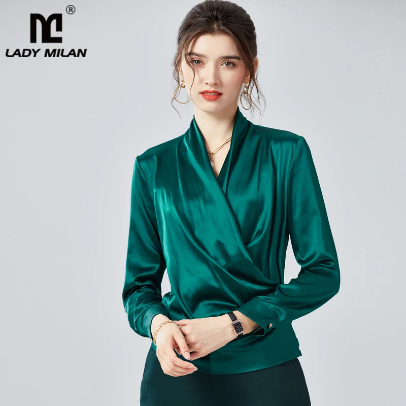 New  Heavy silk white shirt female spring 2020 ?100% Pure Silk Women's Shirts Sexy V Neck Long Sleeves Criss Cross Elegant Fashion Blouse Shirt Top