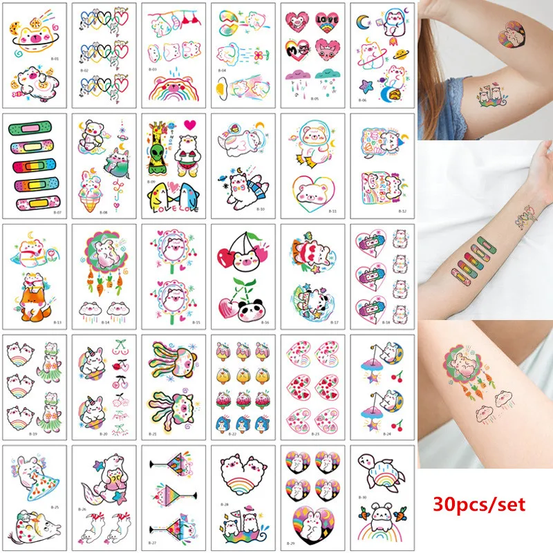 

30pcs/set Tatuajes Temporales Cute Bear Fake Tattoo Stickers for Kids Girl Woman Body Hands Temporary Tattoos Waterproof Tatuaze
