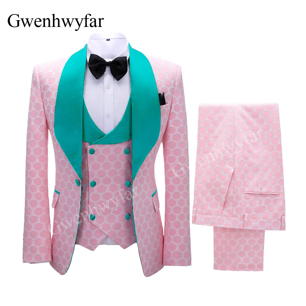Gwenhwyfar New Polka Dot Suit for Men Made Shawl Lapel Blazer Vest with Pants Fashion Wedding Tuxedos Groomsmen Wear mens suit