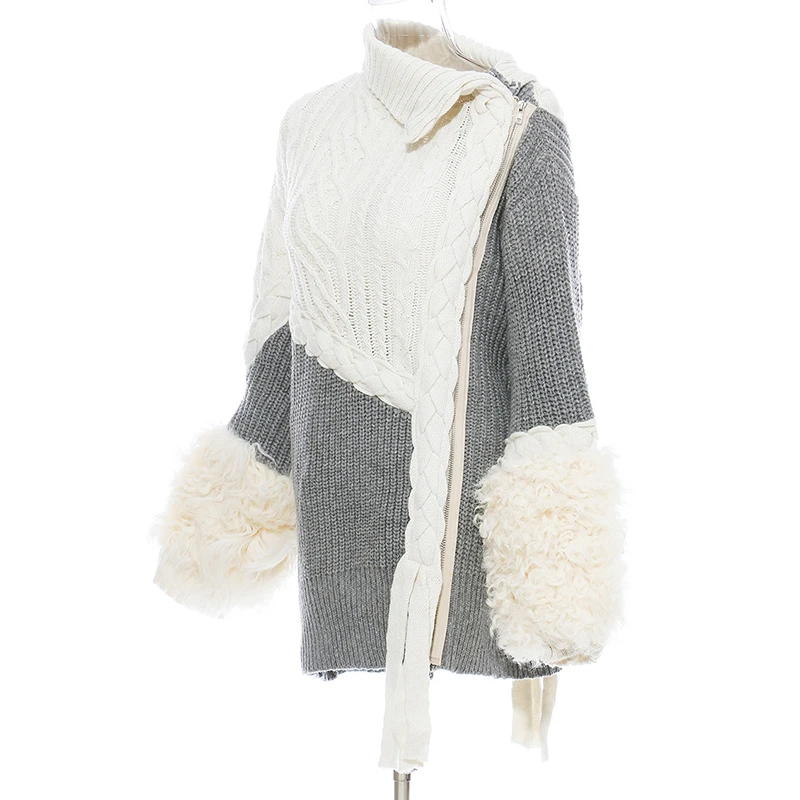 New Fashion Autumn Winter Contrast Color Lapel Long Sleeve Ribbon Zipper Irregular Loose Sweater Woman N746