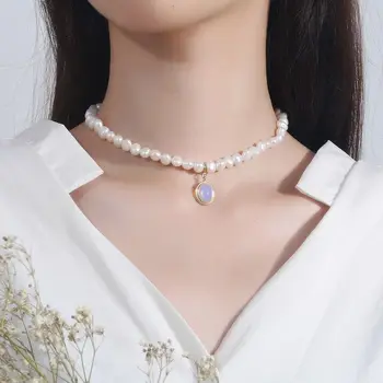 

Silvology Natural Pearl Moonstone Womens Necklace 925 Sterling Silver Gold Elegant Luxurious Pendant Necklace Friendship Jewelry