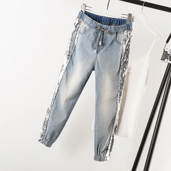 

New Fashion Vintage Loose Ripped Sequins Jeans Women Hollow Out Sequined Embroidered Metal Sheets Straight Nine points Pants