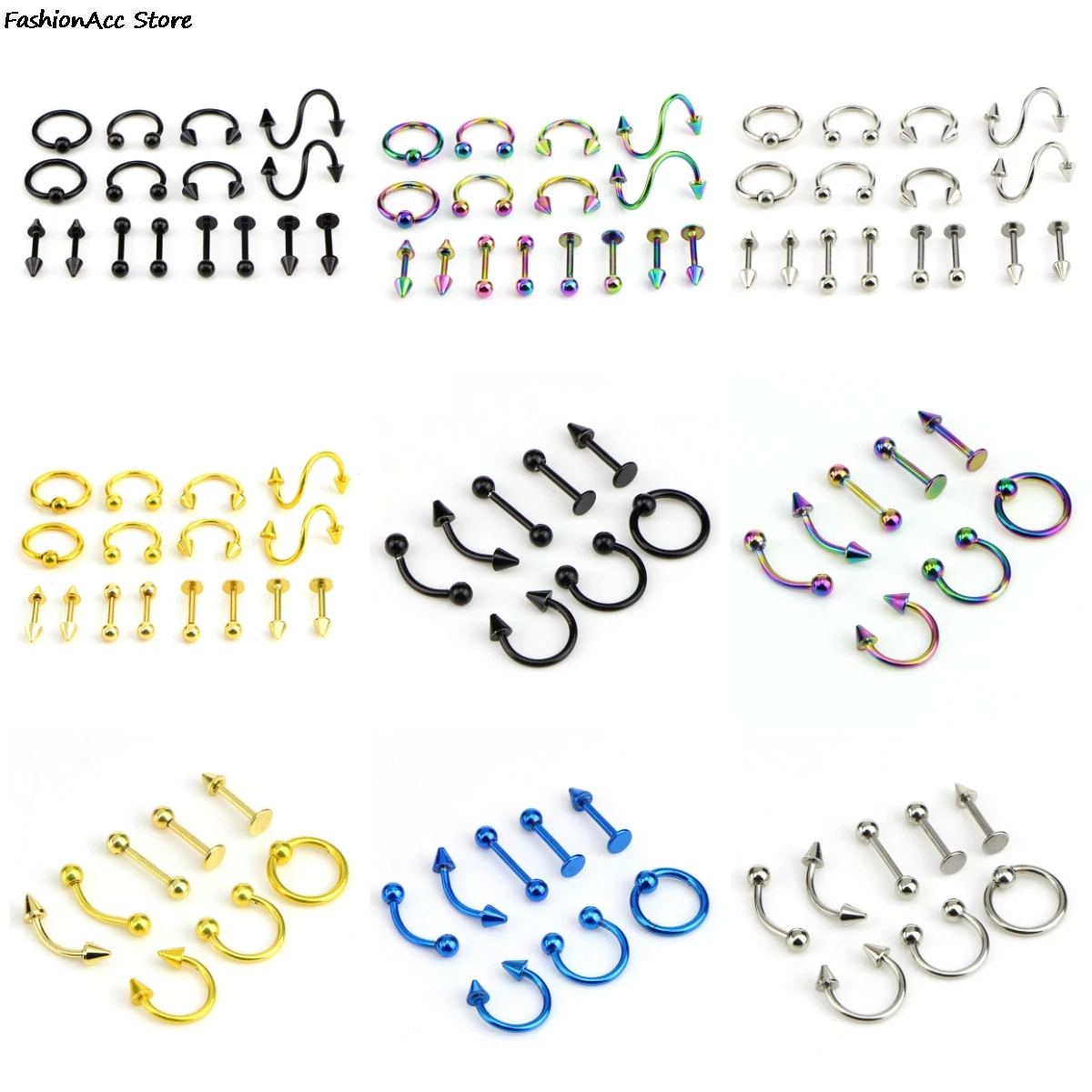 Fashion Piercing Set Eyebrow Bar Lip Nose Pircing Stainless Steel Ear Studs Stainless Steel Mixed Body Jewelry 8PCS/Set