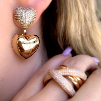 

Unique Design Heart Shape Big Earrings Gold Color Heart Drop Cubic Zirconia Punk Stud Earrings Colorful CZ Women Fashion Jewelry