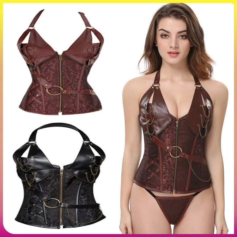 Waist Trainer Vest Corset Women Body Shaper Ziper Steel Bones Waist Cincher Shapewear Fajas Brown Gothic Clothes S-6XL