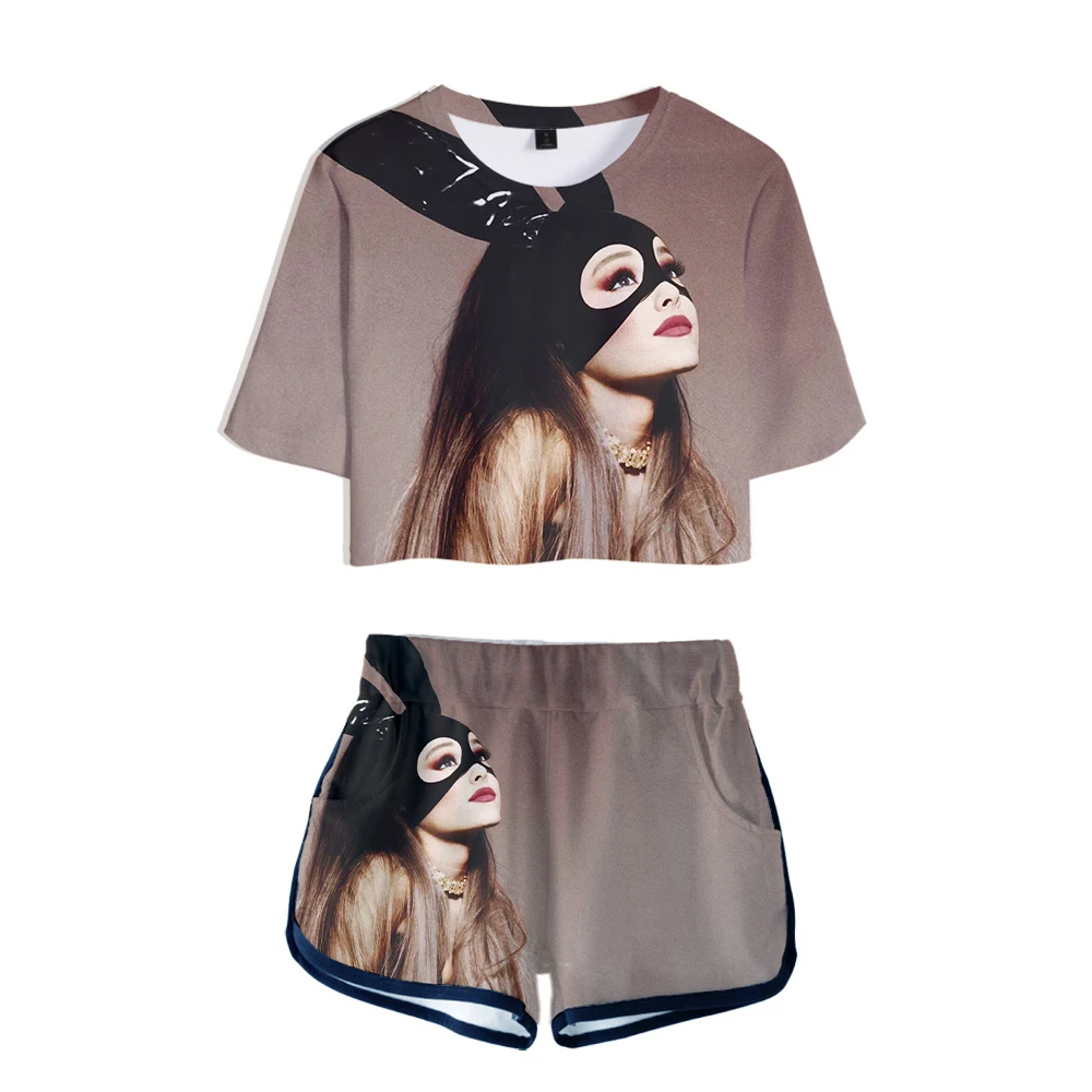 

Trendy Popular Beautiful Cute Girls Two Pieces sets Ariana Grande T-shirts shorts Pants Dew navel Sport Girls Short Sleeve Suits