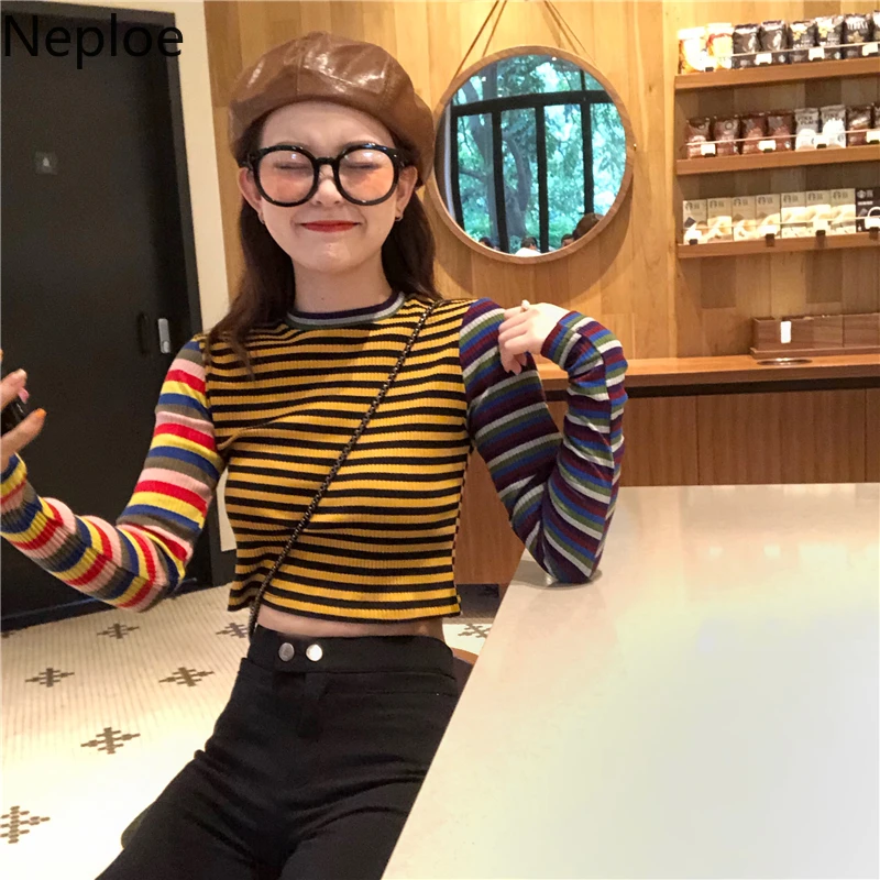 Neploe/винтажная Корейская уличная Футболка Harajuku полосатая Лоскутная укороченная футболка с длинным рукавом женская тонкая одежда забавная футболка