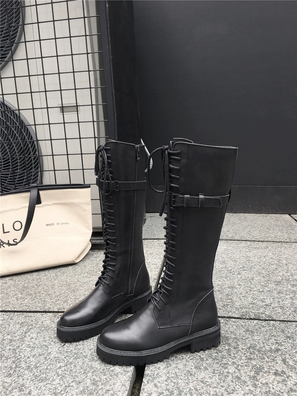 Full genuine leather lace up med heels punk superstar equestrian knee high boots buckle fasteners plus size 34-43 YT12 MUYISEXI