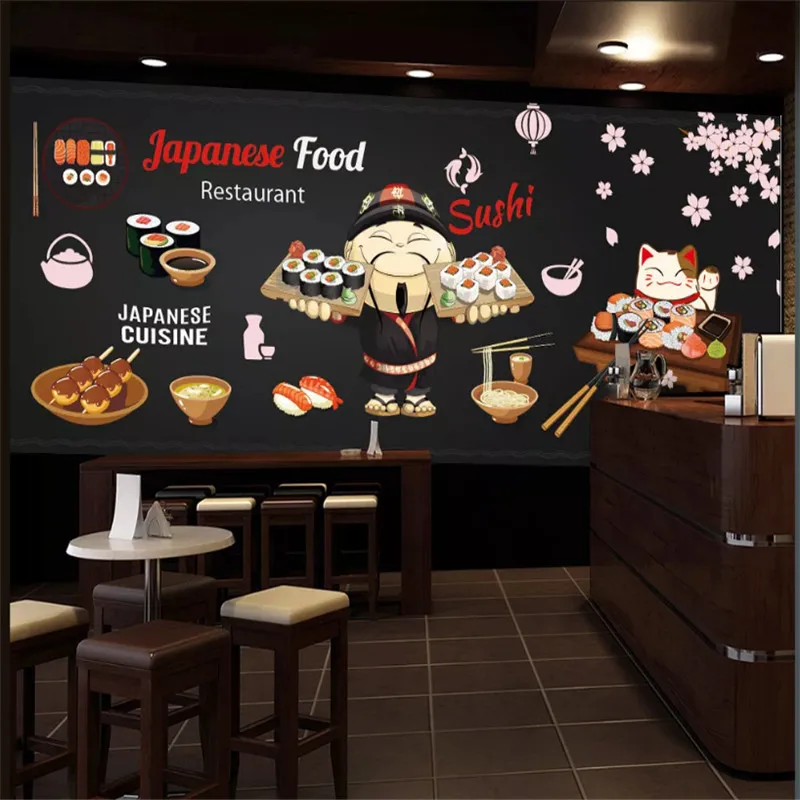 На заказ ручная роспись мультфильм японский суши Ресторан черный фон Обои фреска современный декор В индустриальном стиле обои 3D
