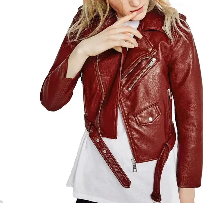 Fashion Women Casual Soft PU Leather Zipper Coat Biker Motorcycle Slim Jacket Tops Short Zip Up Casual Leather Jacket Plus SIZE