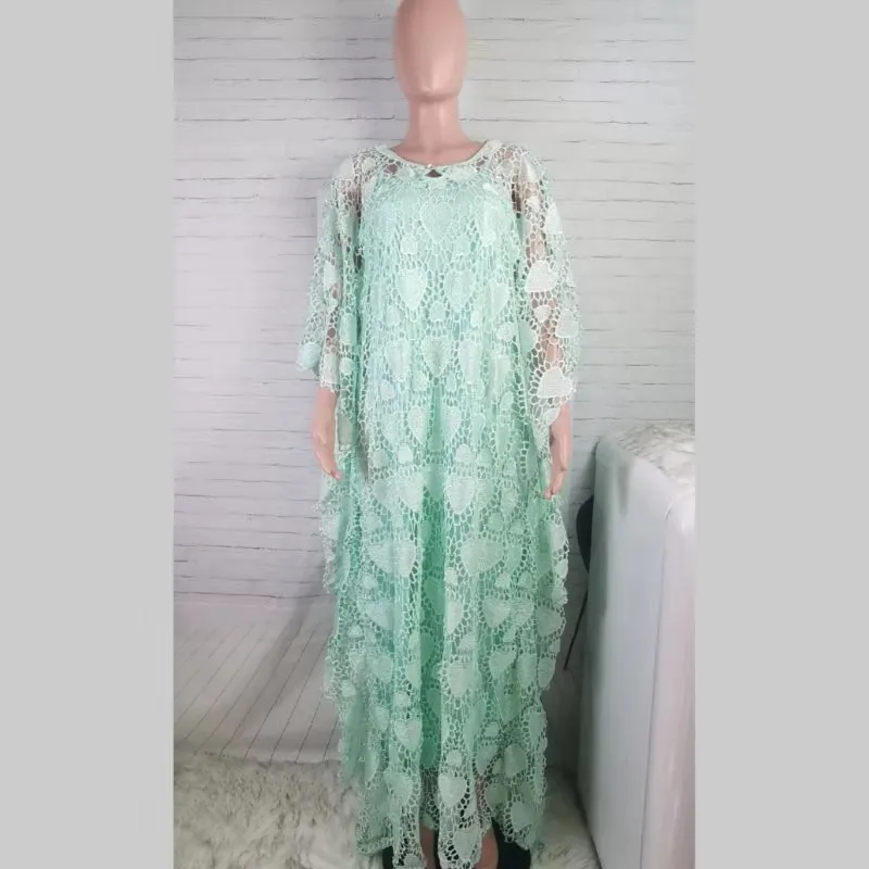 Light blue Стиль африканская Женская Дашики чистая ткань кружева золотая нить Свободное длинное платье свободный размер+ внутри 2 шт - Цвет: Light blue