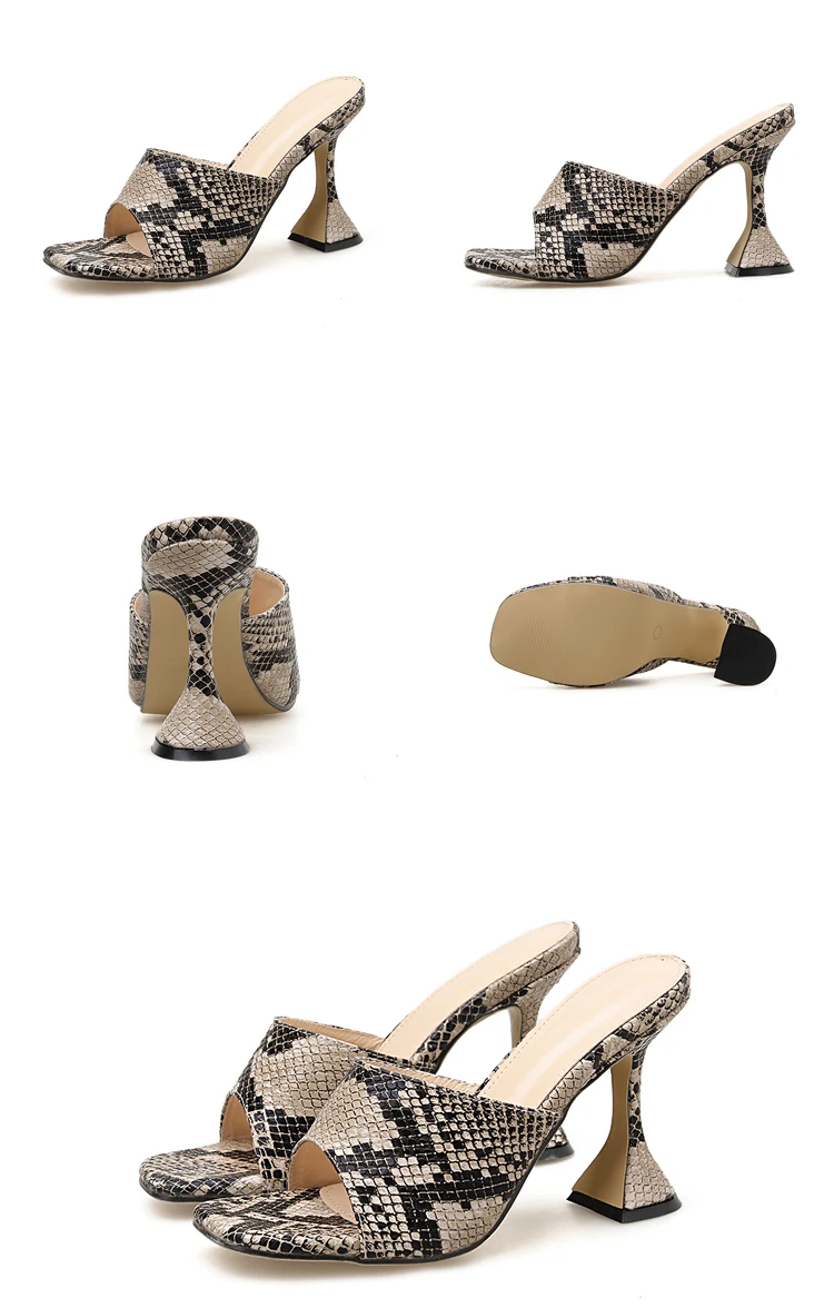 Eilyken/Размеры 35-42; женские летние сандалии-тапочки с квадратным носком под змеиную кожу; модные туфли без задника на высоком каблуке